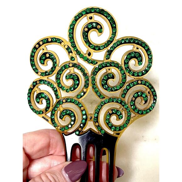 Antique Ornate Celluloid Hair Comb Green Rhinestones Art Nouveau - Picture 13 of 16